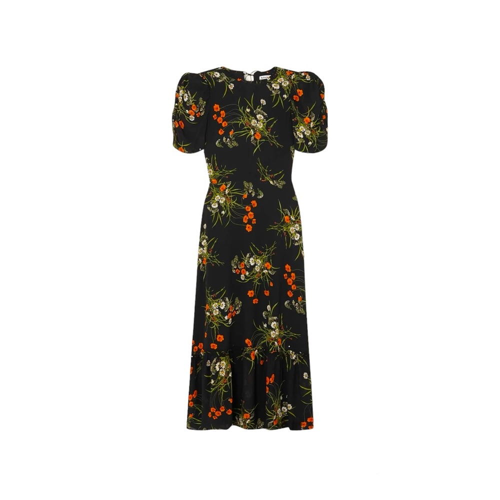 Addaline ruffled floral-print crepe de chine midi dress in black